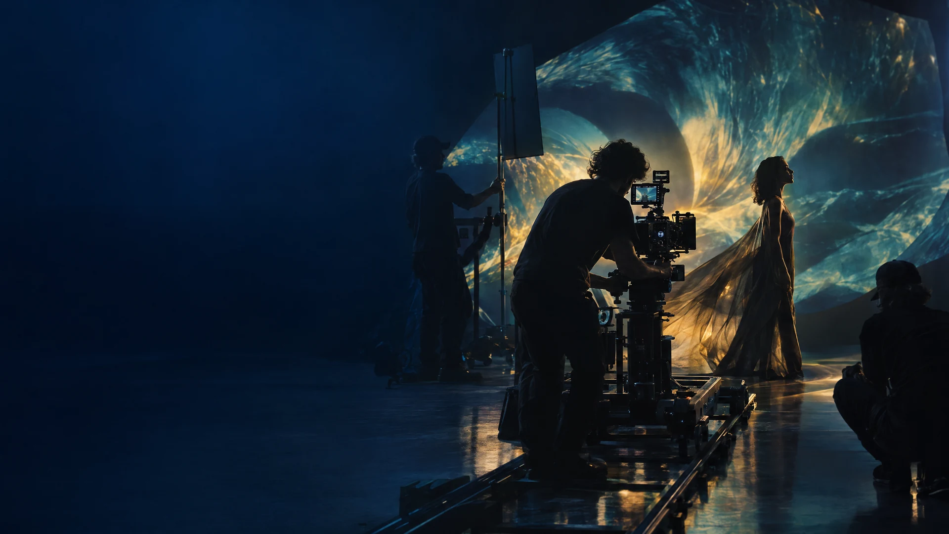 A film crew captures a performer on a cinematic studio set.